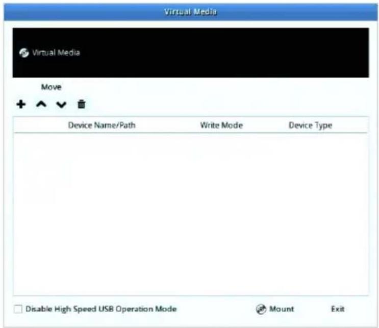 Virtual Media Virtual Media Move Device Name/Path Write Mode Device Type Disable High Speed USB Operation Mode Mount Exit
