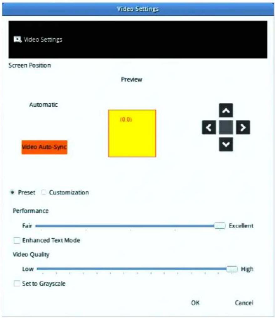 Video Settings Video Settings Screen Position Preview Automatic (0.0) Video Auto-Sync ● Preset Customization Performance Fair Excellent □ Enhanced Text Mode Video Quality Low High □ Set to Grayscale OK Cancel