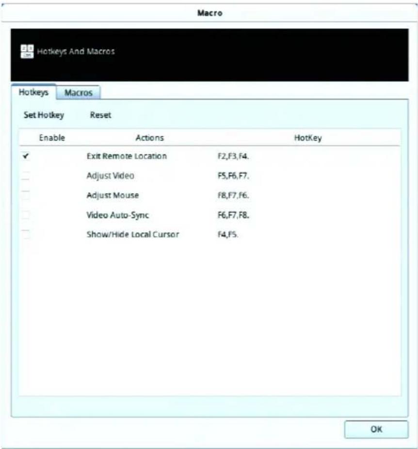 Macro Hotkeys And Macros Hotkeys Macros Set Hotkey Reset Enable Actions HotKey ✓ Exit Remote Location F2,F3,F4. — Adjust Video F5,F6,F7. — Adjust Mouse F8,F7,F6. □ Video Auto-Sync F6,F7,F8. — Show/Hide Local Cursor F4,F5. OK