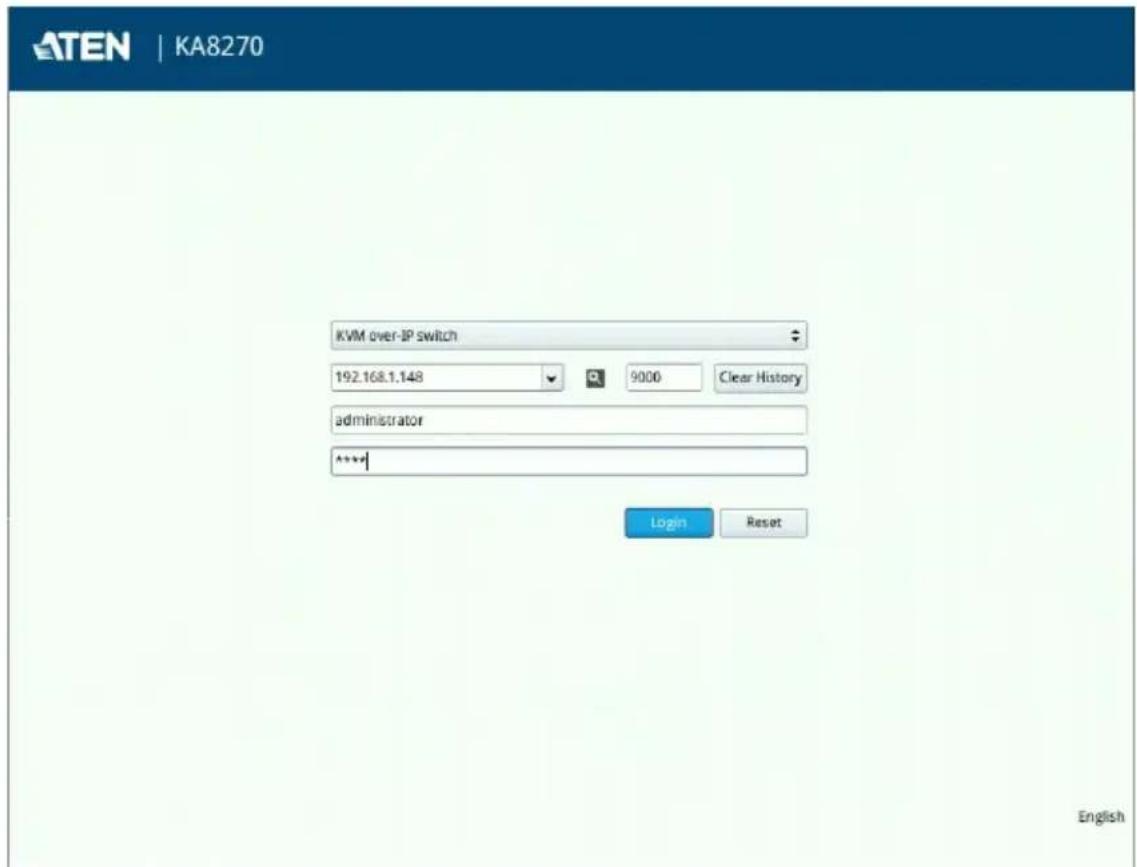 ATEN | KA8270 KVM over-IP switch 192.168.1.148 9000 Clear History administrator **** Login Reset English