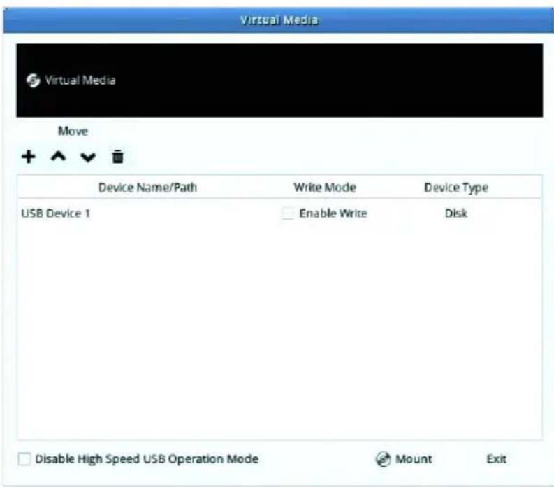 Virtual Media Virtual Media Move Device Name/Path Write Mode Device Type USB Device 1 Enable Write Disk Disable High Speed USB Operation Mode Mount Exit