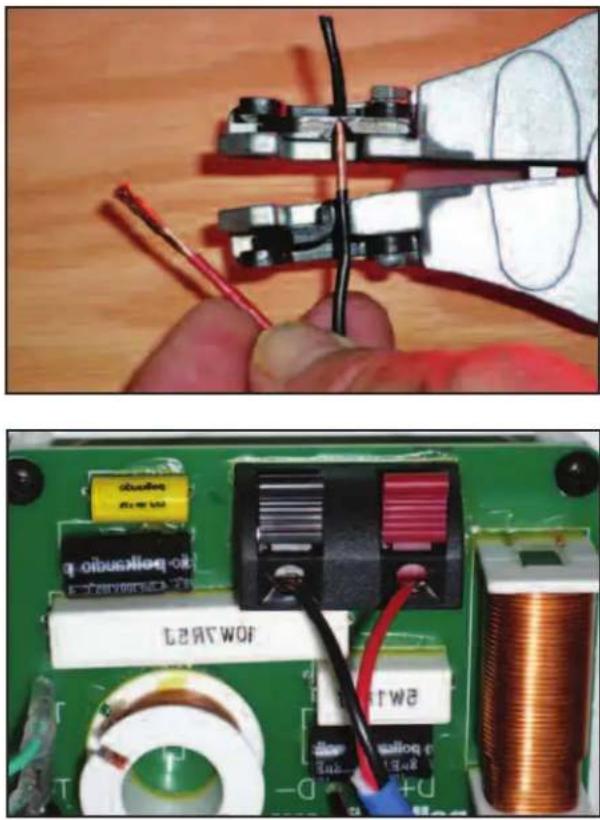 Two-panel image showing a hand holding wires and a circuit board with components like a copper coil, motor, and inductor (no readable text or symbols)
