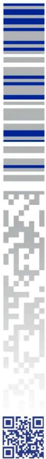 Vertical column of blue and gray striped bars with a QR code below, likely for digital scanning or linking.