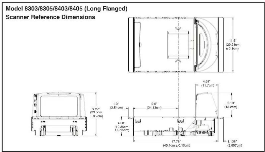 Model 8303/8305/8403/8405 (Long Flanged) Scanner Reference Dimensions 9.27" (23.6cm ± 0.2cm) 1.0" (2.54cm) 9.5" (24.13cm) 4.08" (10.36cm ± 0.15cm) 17.75" (45.1cm ± 0.15cm) 4.59" (11.7cm) 5.19" (13.2cm) 11.5" (29.21cm ± 0.1cm)