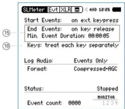 SLMeter Evt XLR ASD 12:25 Start Events: on ext.keypress End Events: on key release Min. Event Duration: 00:00:05 Keys: treat each key separately Log Audio: Events Only Format: Compressed+AGC Status: Stopped Event count: 0000 MONITOR 1234