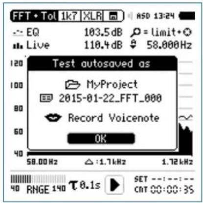 FFT • Tol 1k7 XLR ASD 13:24 EQ 103.5 dB = Limit Live 110.4 dB 58.000Hz Test autosaved as MyProject 2015-01-22_FFT_000 Record Voicnote OK 58.00 Hz △ : 1.7kHz 1.72 kHz 40 RNGE 140 T 0.1s SET ---:---:--- CNT 00:00:3S