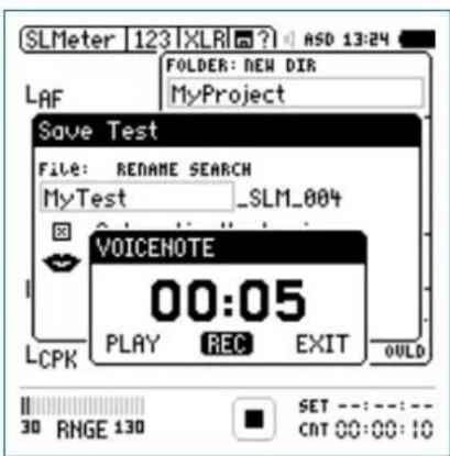 SLMeter 123 | XLR | ? | ASD 13:24 FOLDER: NEW DIR MyProject LAF Save Test File: RENAME SEARCH MyTest _SLM_004 VOICENOTE 00:05 PLAY REC EXIT OULD LCPK 30 RMGE 130 SET --- :--- - CNT 00:00:10