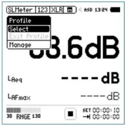 SLMeter 123 XLR ASD 13:24 Profile Select Exit Profile Manage 3.6dB LReq ---- dB LAFmax ---- dB 30 RNGE 130 SET 00:00:10 → 00:00:00