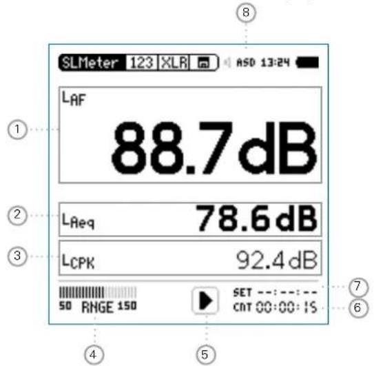 SLMeter 123 XLR ASD 13:24 LAF 88.7dB LAeq 78.6dB LCPK 92.4dB 50 RMGE 150 SET ---:---:--- CNT 00:00:15 ① ② ③ ④ ⑤ ⑥ ⑦ ⑧