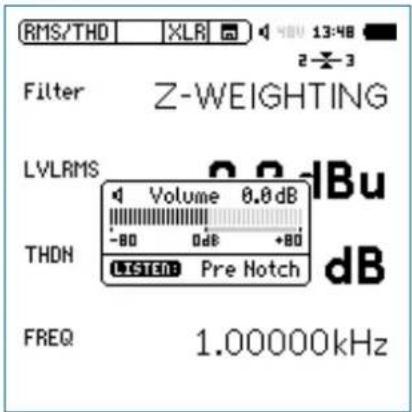 RMS/THD XLR 13:48 2-3 Filter Z-WEIGHTING LVLRMS Volume 0.0 dB -80 0dB +80 THDN LISTEN Pre Hotch dB FREQ 1.00000kHz