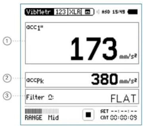VibMetr 123 XLR ASD 15:49 ① acc1" 173 mm/s² ② accPk 380 mm/s² ③ Filter Ω: FLAT RANGE Mid SET ---:---: CNT 00:00:09