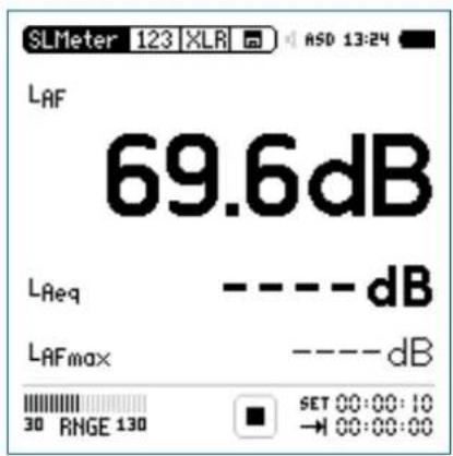 SLMeter 123 XLR ASD 13:24 LAF 69.6dB LReq ----dB LAFmax ----dB 30 RNGE 130 SET 00:00:10 → 00:00:00