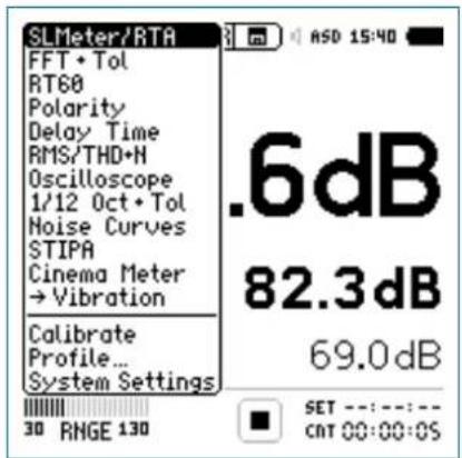 SLMeter/RTA FFT + Tol RT60 Polarity Delay Time RMS/THD+N Oscilloscope 1/12 Oct+Tol Noise Curves STIPA Cinema Meter →Vibration Calibrate Profile... System Settings .6dB 82.3dB 69.0dB 30 RMGE 130 SET --- :---:--- CNT 00:00:05