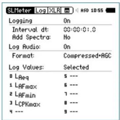 SLMeter Log XLR ASD 10:55 Logging On Interval dt: 00:00:01.0 Add Spectra: No Log Audio: On Format: Compressed+AGC Log Values: Selected LAeq 5 --- 1 LAFmax 6 --- 2 LAFmin 7 --- 3 LCPKmax 8 --- 4 --- 9 ---