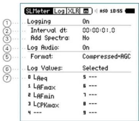 SLMeter Log XLR m ASD 10:55 Logging On Interval dt: 00:00:01.0 Add Spectra: No Log Audio: On Format: Compressed+AGC Log Values: Selected LAeq 5 --- LAFmax 6 --- LAFmin 7 --- LCPKmax 8 --- 4 --- 9 ---