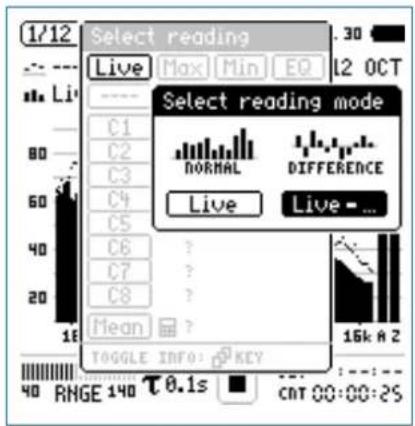 1/12 Select reading Live Max Min EQ 12 OCT C1 C2 C3 C4 C5 C6 C7 C8 Mean ? TODGLE INFO: KEY RANGE 140 0.1s CAT 00:00:25 Select reading mode NORMAL DIFFERENCE Live Live - ... 16k A 2