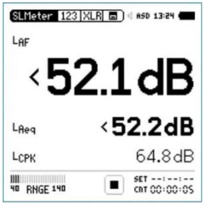 SLMeter 123 XLR ASD 13:24 LAF <52.1dB LReq <52.2dB LCPK 64.8dB 40 RINGE 140 SET ---:---:--- CNT 00:00:05