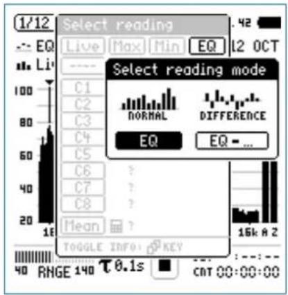 1/12 Select reading Live Max Min EQ 12 OCT EQ C1 C2 C3 C4 C5 C6 C7 C8 Mean ? SELECT reading mode NORMAL DIFFERENCE EQ EQ - ... 16k A 2 TODGLE INFO KEY RANGE 140 0.1s CAT 00:00:00