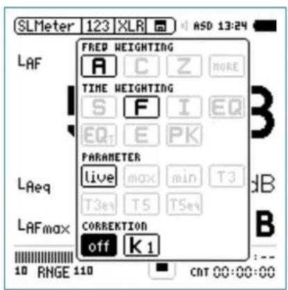 SLMeter 123 XLR ASD 13:24 LAF FRED WEIGHTING A C Z MORE TIME WEIGHTING S F I EQ EQ T E PK PARAMETER live max min T3 T3ex T5 T5ex LReq LAFmax CORREKTION off K1 10 RNGE 110 CNT 00:00:00