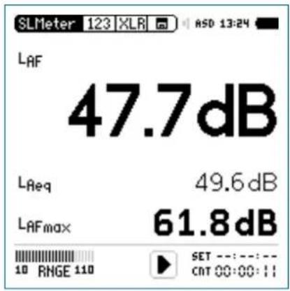 SLMeter 123 XLR ASD 13:24 LAF 47.7dB LReq 49.6dB LAFmax 61.8dB 10 RMGE 110 SET ---:---:--- CNT 00:00:11