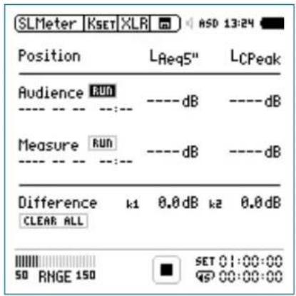 SLMeter KSET XLR ASD 13:24 Position LReq5" LCPeak Audience RUN ----dB ----dB Measure RUN ----dB ----dB Difference k1 0.0dB k2 0.0dB CLEAR ALL SET 01:00:00 50 RNGE 150 00:00:00