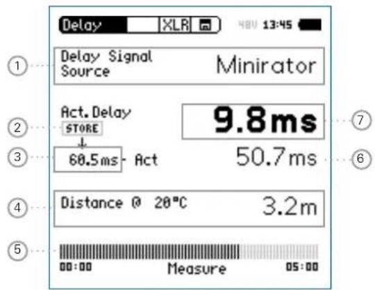 Delay XLR 48V 13:45 Delay Signal Source Minirator Act. Delay STORE 60.5ms- Act 9.8ms 50.7ms Distance @ 20°C 3.2m Measure 00:00 05:00