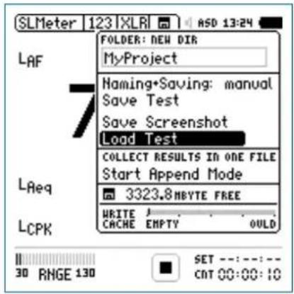 SLMeter 123 | XLR | ASD 13:24 FOLDER: NEW DIR MyProject Naming•Saving: manual Save Test Save Screenshot Load Test COLLECT RESULTS IN ONE FILE Start Append Mode 3323.8MBYTE FREE WRITE J CACHE EMPTY OULD LAF 7 LReq LCPK SET ---: ---: --- 30 RINGE 130 CONT 00:00:10