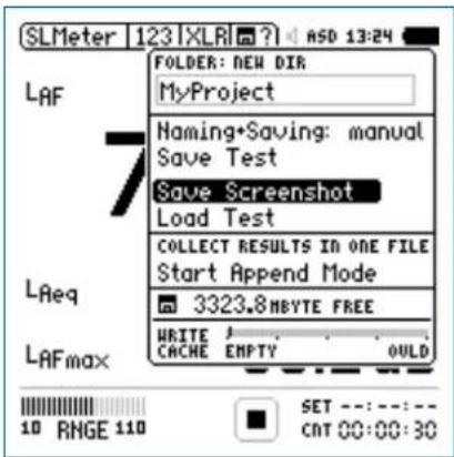 SLMeter | 123 | XLRI | ? | ASD 13:24 FOLDER: NEW DIR MyProject Naming+Saving: manual Save Test Save Screenshot Load Test COLLECT RESULTS IN ONE FILE Start Append Mode 3323.8MBYTE FREE WRITE / CACHE EMPTY OULD LAF 7 LReq LAFmax 10 RNGE 110 SET --- :--- - CNT 00:00:30