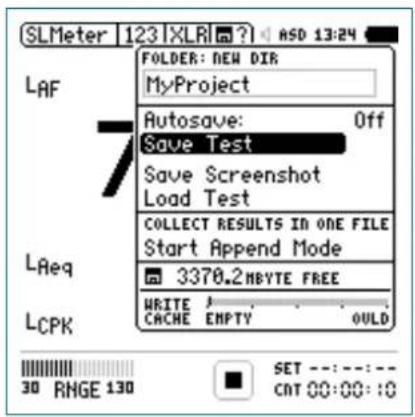 SLMeter 123 | XLR | ? | ASD 13:24 FOLDER: NEW DIR MyProject Autosave: Off Save Test Save Screenshot Load Test COLLECT RESULTS IN ONE FILE Start Append Mode 3370.2 HBYTE FREE WRITE / CACHE EMPTY OULD LAF 7 LReq LCPK 30 RMGE 130 SET --- :---:--- COT 00:00:10