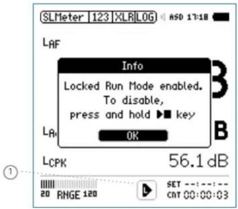 SLMeter 123 XLRLOG ASD 17:18 LAF Info Locked Run Mode enabled. To disable, press and hold ▶ key LA OK LCPK 56.1 dB 20 RNGE 120 SET ---:---: CNT 00:00:03