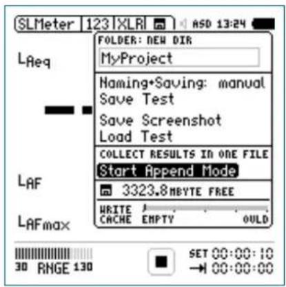 SLMeter 123 | XLR | ASD 13:24 LReq FOLDER: NEW DIR MyProject Naming•Saving: manual Save Test Save Screenshot Load Test COLLECT RESULTS IN ONE FILE Start Append Mode 3323.8MBYTE FREE WRITE / CACHE EMPTY OULD LAFmax LAF 30 RNGE 130 SET 00:00:10 → 00:00:00