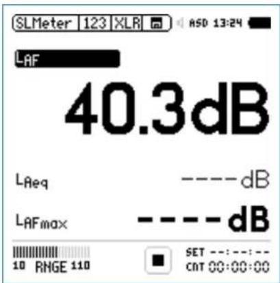 SLMeter 123 XLR ASD 13:24 LAF 40.3dB LReq ----dB LAFmax ----dB 10 RNGE 110 SET ---:---: CNT 00:00:00