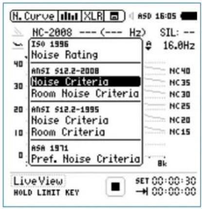 N. Curve XC-2008 --- (--- Hz) ISO 1996 Noise Rating ANSI S12.2-2008 Noise Criteria Room Noise Criteria ANSI S12.2-1995 Noise Criteria Room Criteria ASA 1971 Pref. Noise Criteria SIL: -- 16.0Hz NC40 NC35 NC30 NC25 NC20 NC15 Bk LiveView SET 00:00:30 HOLD LIMIT KEY → 00:00:00