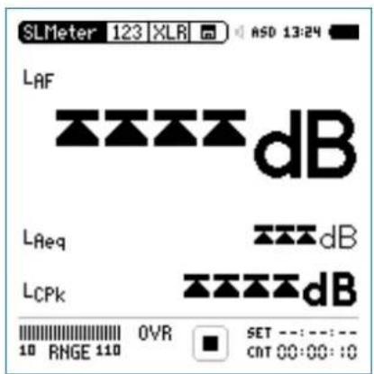 SLMeter 123 XLR ASD 13:24 LAF dB LReq dB LCPk dB 0VR SET ---:---: 10 RMGE 110 CNT 00:00:10