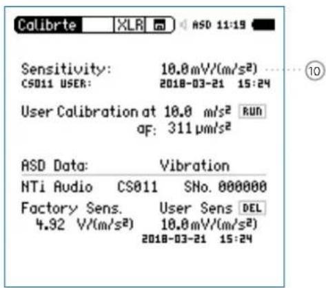 Calibrte XLR ASD 11:19 Sensitivity: 10.0 mV/(m/s²) CS011 USER: 2018-03-21 15:24 User Calibration at 10.0 m/s² RUN qF: 311 μm/s² ASD Data: Vibration NTi Audio CS011 SNo. 000000 Factory Sens. User Sens DEL 4.92 V/(m/s²) 10.0 mV/(m/s²) 2018-03-21 15:24