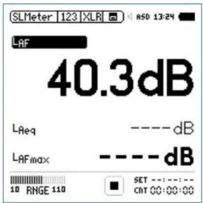 SLMeter 123 XLR ASD 13:24 LAF 40.3dB LReq ----dB LAFmax ----dB 10 RNGE 110 SET ---:---: CNT 00:00:00