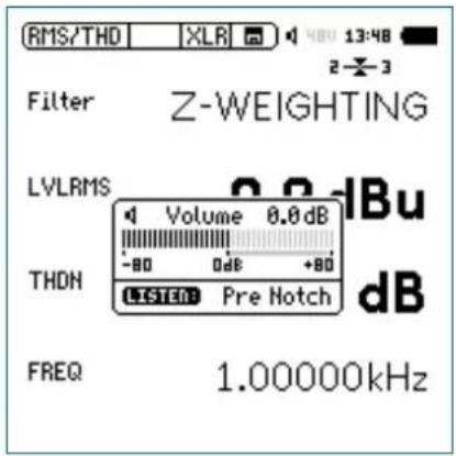 RMS/THD XLR 13:48 2-3 Filter Z-WEIGHTING LVLRMS Volume 0.0 dB THDN -80 0dB +80 LISTEN Pre Notch FREQ 1.00000kHz