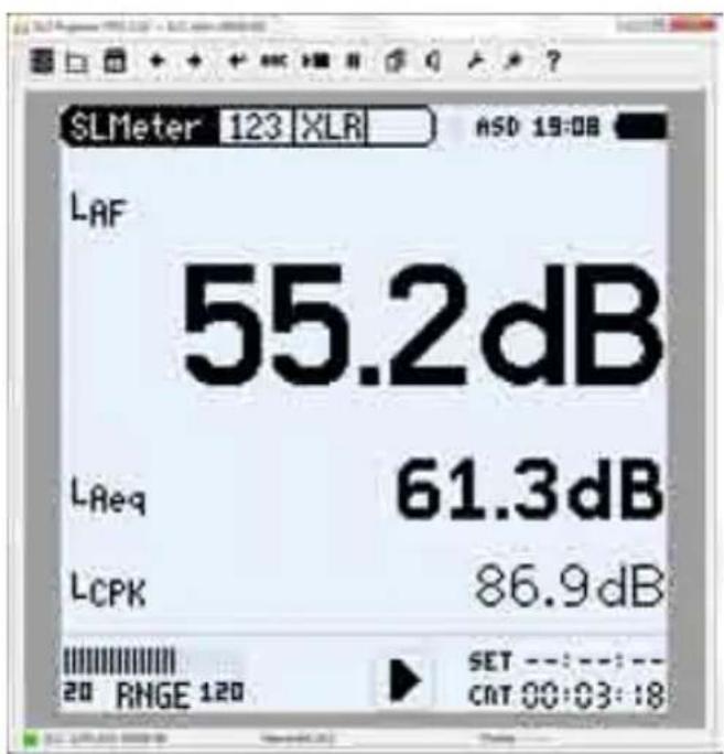SLMeter 123 XLR ASD 19:08 LAF 55.2dB LReq 61.3dB LCPK 86.9dB 20 RMGE 120 SET ---:---:--- CMT 00:03:18