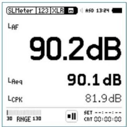 SLMeter 123 XLR ASD 13:24 LAF 90.2dB LReq 90.1dB LCPK 81.9dB 30 RMGE 130 SET ---:---:--- CNT 00:00:00
