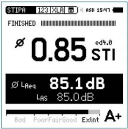 STIPA 123 XLR ASD 15:47 FINISHED Ø 0.85 ed4.0 STI Ø LAeq 85.1dB LAS 85.0dB Bad PoorFairGood ExInt A+