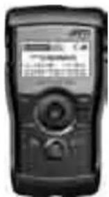 Black-and-white image of a handheld electronic device with a display screen showing text and control buttons.