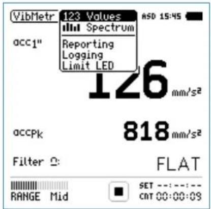 VibMetr 123 Values ASD 15:45 acc1" Spectrum Reporting Logging Limit LED 126 mm/s² accPk 818 mm/s² Filter Ω: FLAT RANGE Mid SET ---: ---: CNT 00:00:09