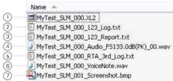 Name 1 MyTest_SLM_000.XL2 2 MyTest_SLM_000_123_Log.txt 3 MyTest_SLM_000_123_Report.txt 4 MyTest_SLM_000_Audio_FS133.0dB(PK)_00.wav 5 MyTest_SLM_000_RTA_3rd_Log.txt 6 MyTest_SLM_000_VoiceNote.wav 7 MyTest_SLM_001_Screenshot.bmp
