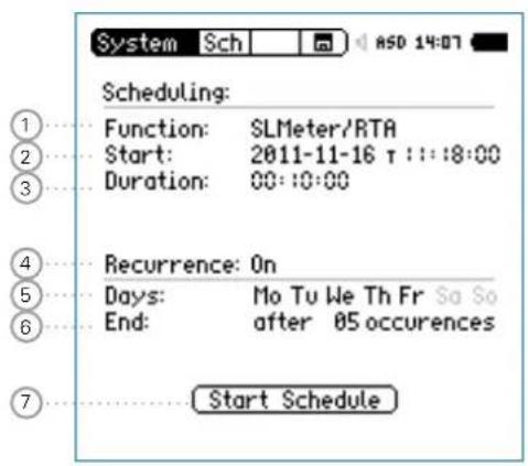 System Sch ASO 14:07 Scheduling: Function: SLMeter/RTA Start: 2011-11-16 r : : :8:00 Duration: 00:00:00 Recurrence: On Days: Mo Tu We Th Fr Sa So End: after 05 occurrences Start Schedule