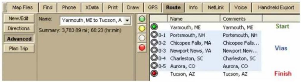 Map Files Find Phone XData Print Draw GPS Route Info NetLink Voice Handheld Export New/Edit Directions Advanced Plan Trip Name: Yarmouth, ME to Tucson, A Summary: 3,783.89 mi; 66:23 (hr:min) Name Yarmouth, ME Portsmouth, NH Chicopee Falls, MA Newport News, VA Charleston, SC Aurora, CO Tucson, AZ Comments Start Vias Finish
