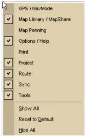 GPS / NavMode Map Library / MapShare Map Panning Options / Help Print Project Route Sync Tools Show All Reset to Default Hide All