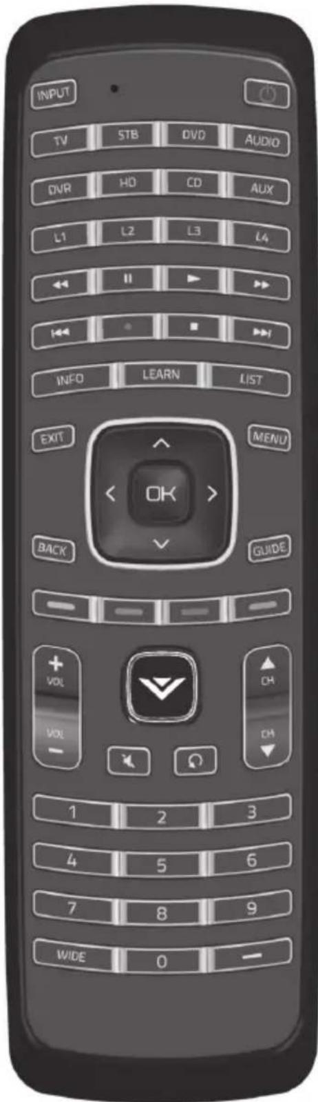 INPUT TV STB DVD AUDIO DVR HD CD AUX L1 L2 L3 L4 ← ← → ← ← · ■ → INFO LEARN LIST EXIT ↑ OK > MENU BACK ↓ GUIDE + VOL VOL - 1 2 3 4 5 6 7 8 9 WIDE 0 -