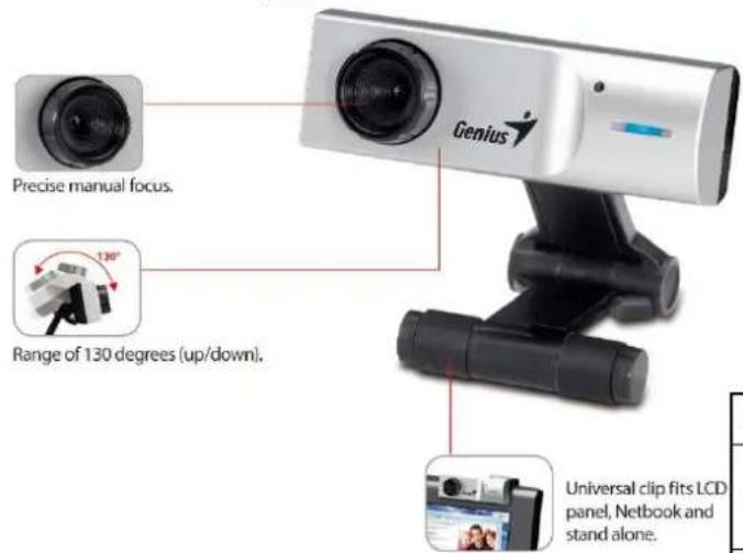 Precise manual focus. Range of 130 degrees (up/down). Genius Universal clip fits LCD panel, Netbook and stand alone.