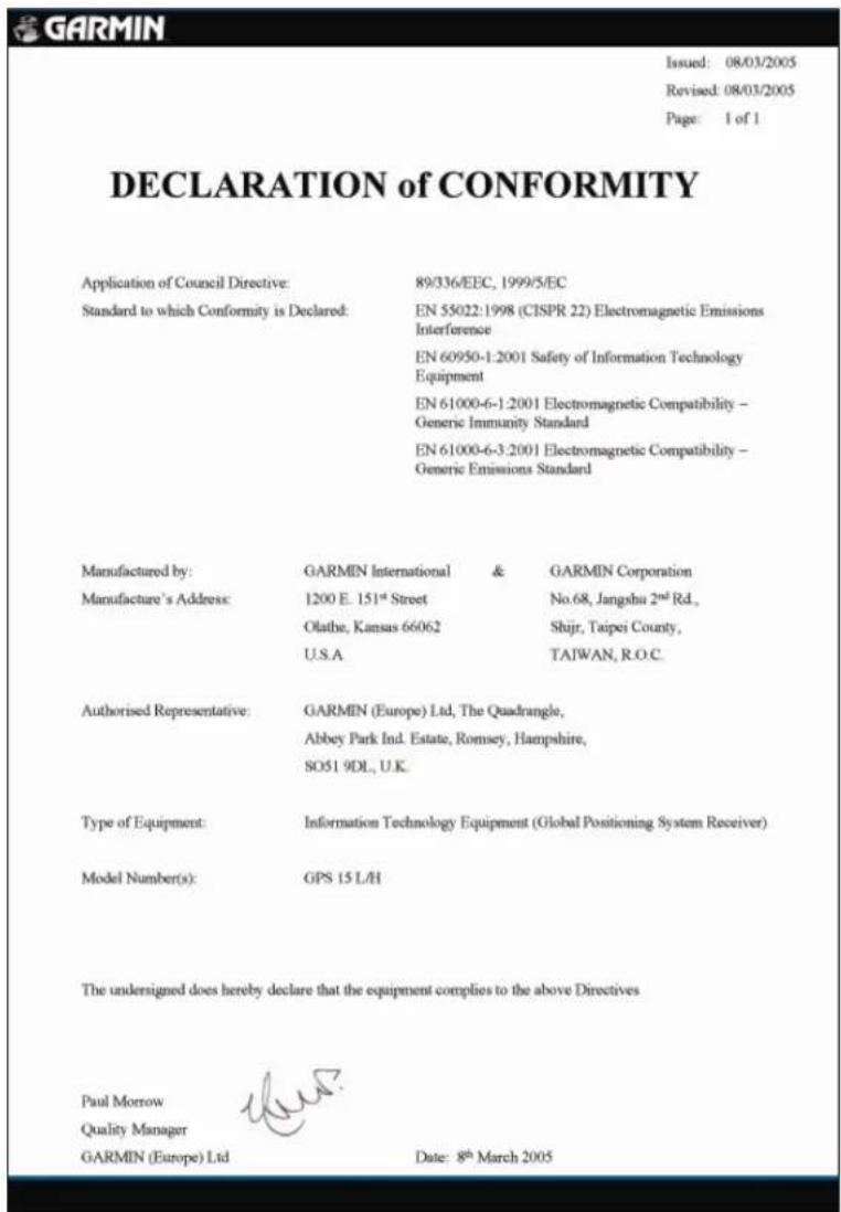 GARMIN Issued: 08/03/2005 Revised: 08/03/2005 Page: 1 of 1 DECLARATION of CONFORMITY Application of Council Directive: 89/336/EEC, 1999/5/EC Standard to which Conformity is Declared: EN 55022:1998 (CISPR 22) Electromagnetic Emissions Interference EN 60950-1:2001 Safety of Information Technology Equipment EN 61000-6-1:2001 Electromagnetic Compatibility - Generic Immunity Standard EN 61000-6-3:2001 Electromagnetic Compatibility - Generic Emissions Standard Manufactured by: GARMIN International & GARMIN Corporation Manufacture's Address: 1200 E. 151st Street No.68, Jiangshu 2nd Rd., Olathe, Kansas 66062 Shijr, Taipei County, U.S.A TAIWAN, R.O.C. Authorised Representative: GARMIN (Europe) Ltd, The Quadrangle, Abbey Park Ind. Estate, Romsey, Hampshire, SO51 9DL, U.K. Type of Equipment: Information Technology Equipment (Global Positioning System Receiver) Model Number(s): GPS 15 L/H The undersigned does hereby declare that the equipment complies to the above Directives Paul Morrow Quality Manager GARMIN (Europe) Ltd Date: 8th March 2005