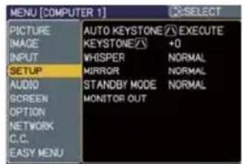 MENU [COMPUTER 1] PICTURE AUTO KEYSTONE Ⓧ EXECUTE IMAGE KEYSTONE Ⓧ +O INPUT WHISPER NORMAL SETUP MIRROR NORMAL AUDIO STANDBY MODE NORMAL SCREEN MONITOR OUT OPTION NETWORK C.C. EASY MENU
